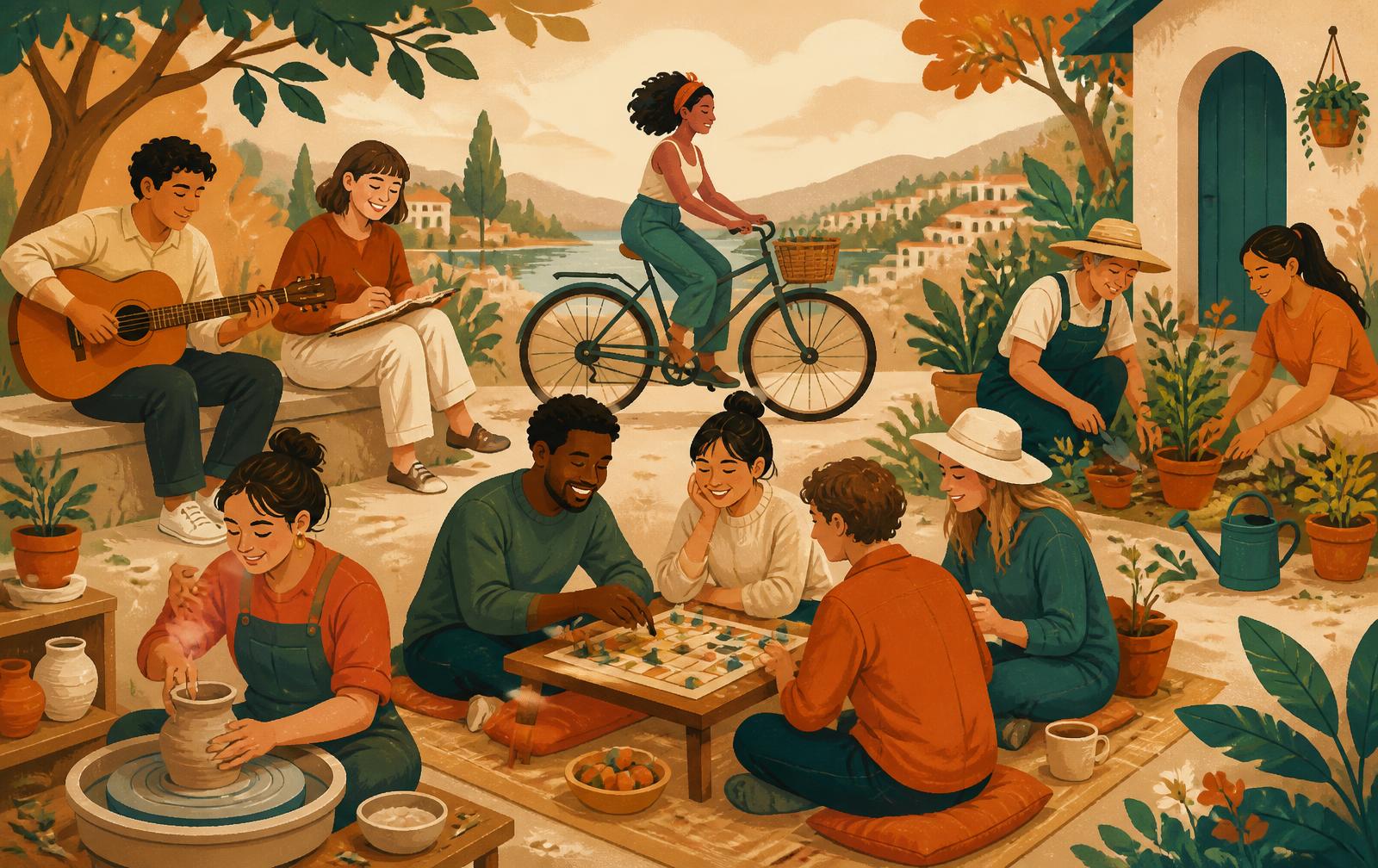 Illustration of people enjoying pottery, guitar, cycling, board games and gardening together